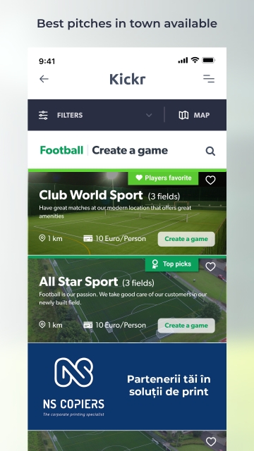 KICKR - Aplicatie Android si iOS pentru rezervare terenuri de sport
